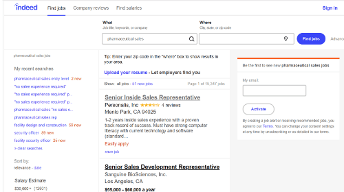 Screenshot - Indeed / Pharmaceutical Sales Jobs